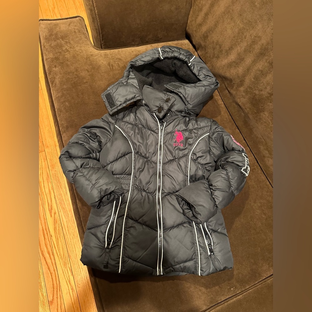 U.S.Polo Assn. Black & Pink Puff Girls Jacket SZ 5/6 Removable Zipper Hoodie
